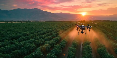 Aerial view of drone flying to spraying fertilizer on tomato farm, mountains is background
