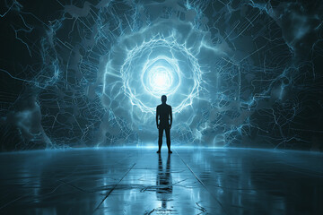 Man stands in front of a light tunnel to new dimension, corridor with rays, creative innovative technology, time travel in future
 - obrazy, fototapety, plakaty