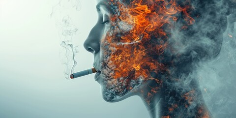 People smoke dangerous cigarettes and fire entering their heads. concept of no smoking - obrazy, fototapety, plakaty