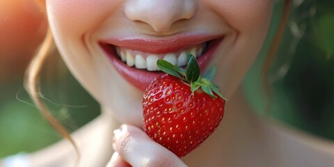 Crop Image, Beautiful lips and teeth of a woman biting, eating strawberry