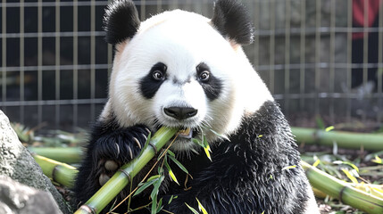 panda eating bamboo - obrazy, fototapety, plakaty