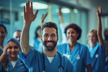 A portrait Doctor and Nurse raises hand in joy, in white hospital background 