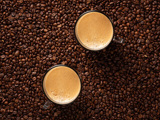 Top view of a lot of roasted coffee beans and two glass cups with fresh espresso coffee.