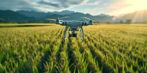 Drone fly to spray fertilizer on the rice fields