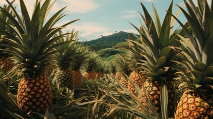 A hyper-detailed pineapple plantation capturing the tropical allure, showcasing the spiky leaves and ripe, golden pineapples - Generative AI