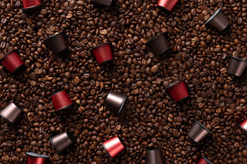 Top view of many roasted coffee beans and red and brown capsules for coffee machines.