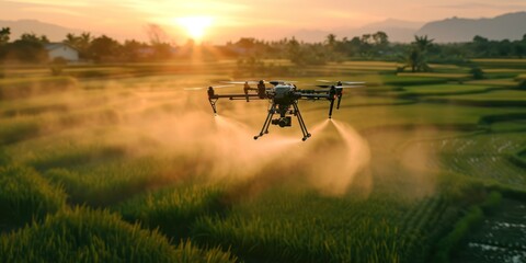Drone fly to spray fertilizer on the rice fields