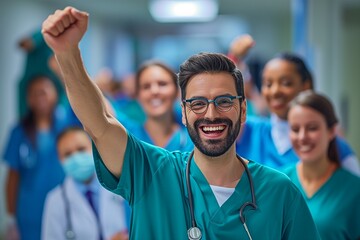 A portrait Doctor and Nurse raises hand in joy, in white hospital background 