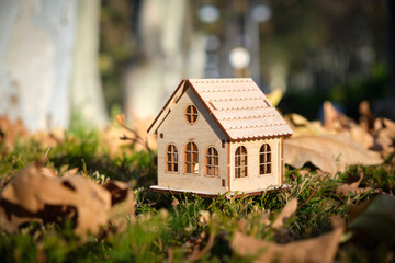 A beautiful wooden toy house in an autumn park on green grass with yellow leaves. Selective focus.