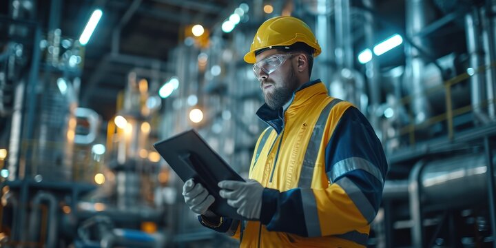 Engineers use notbook computers checking spece in an industrial plant for the production and processing of crude oil