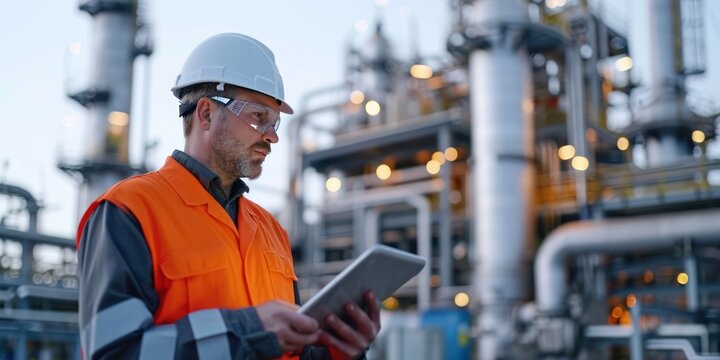 Engineers use notbook computers checking spece in an industrial plant for the production and processing of crude oil