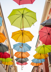 Fototapeta na wymiar colorful umbrellas in the city Novigrad, Croatia