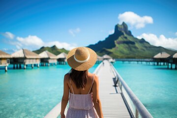 female with hat walking on bora bora platform with the back at the camera, blurry background with copy space