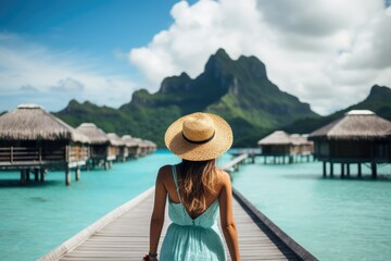 female with hat walking on bora bora platform with the back at the camera, blurry background with copy space
