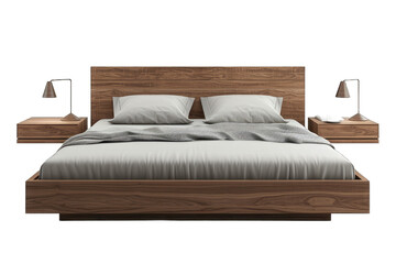 Fototapeta na wymiar Bed With Wooden Headboard and Two Nightstands