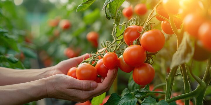 Hand harvesting tomato in a greenhouse smart farm