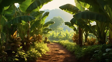 A hyper-realistic banana plantation in the morning light, showcasing the lush, broad leaves and clusters of ripening bananas in their natural environment - Generative AI