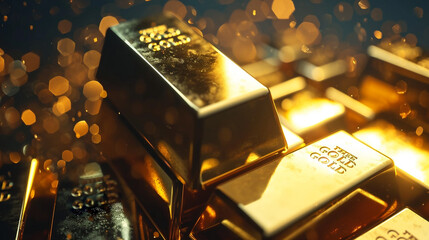 Close up gold bars on shimmering rotating stand, wealth and luxury concept