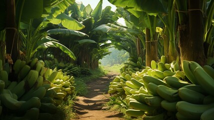 A hyper-realistic banana plantation in the morning light, showcasing the lush, broad leaves and clusters of ripening bananas in their natural environment - Generative AI - obrazy, fototapety, plakaty