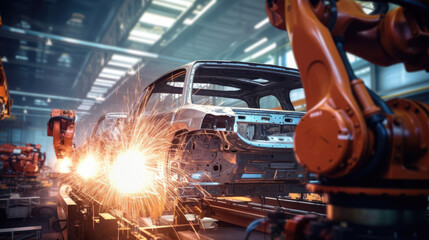 Naklejka premium Automated robots welding car frames in a state-of-the-art facility