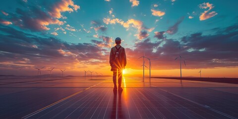Male Green Energy Engineer Walking On Solar Panel, Wearing Safety Belt And Hard Hat, Inspecting Sustainable Energy Farm With Wind Turbines, sunset, flare light - Powered by Adobe