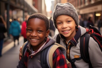 Two boys in a black backpack walking with other children, in the style of joyful and optimistic,...