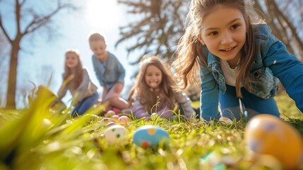 A group of friends engaged in a lively Easter egg hunt, searching for hidden treasures - obrazy, fototapety, plakaty