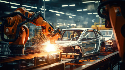 Automated robots welding car frames in a state-of-the-art facility