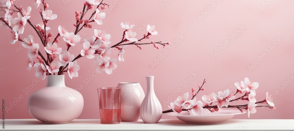 Poster minimalistic spring background in pink tones for product placement and creative design concepts