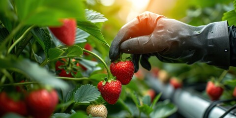 Hands in gloves pick and select the quality of strawberry fruit in a strawberry farm garden.