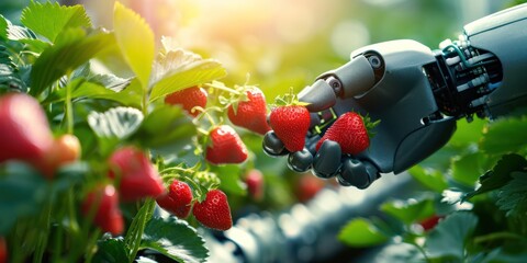 Robot's hands harvest quality strawberries in a strawberry farm garden.