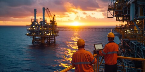 Team Engineers use notebook computers to check space offshore oil and gas processing platforms at sunset, exploration, and petroleum production industry at sea