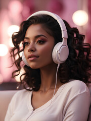 African-American girl in white headphones listening to music with pleasure, home environment, pink background