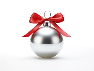 White round isolated Christmas ball with red satin bow. 
