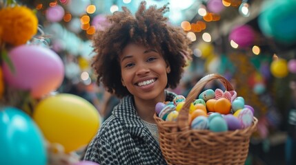 A cheerful woman with an Easter basket full of goods amid the colorful décor - obrazy, fototapety, plakaty