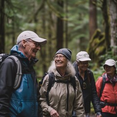 Fototapeta premium Group of old smiling man and woman hiking in nature