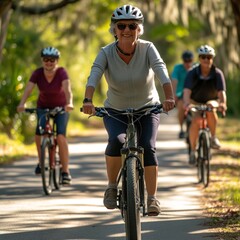 Old smiling woman riding a bicycle with friends in nature on a sunny day..