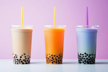 Yellow, blue and white bubble tea in transparent plastic cups and straws standing in line on purple and blue pastel background.