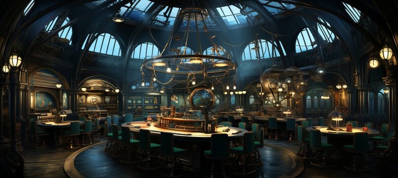 Steampunk laboratory  intricate brass machinery and glowing concoctions in sunlit space