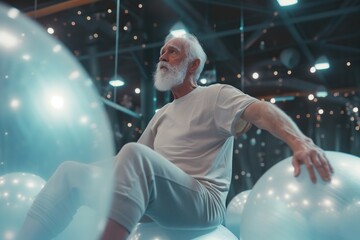Gray-bearded old man is training hard with pilates balls in the gym..