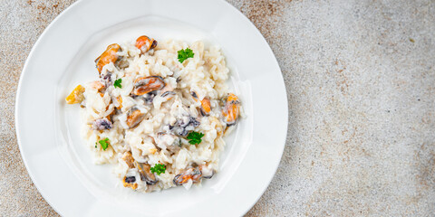 risotto seafood rice fresh delicious eating cooking appetizer meal food snack on the table copy space food background rustic top view