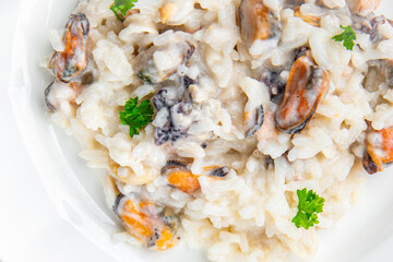risotto seafood rice fresh delicious eating cooking appetizer meal food snack on the table copy space food background rustic top view