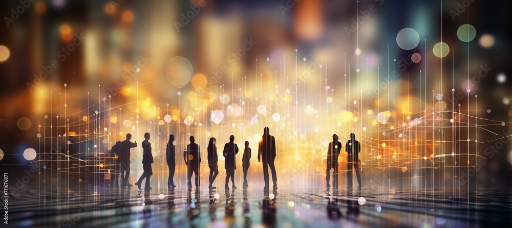 Poster collaborative diverse professionals in modern office with blurred bokeh background of financial data