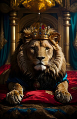 King Lion crowned On a throne