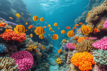 Naklejka na ściany i meble The vivid hues and elaborate designs of coral reefs can be visually attractive. The richness of marine biodiversity.