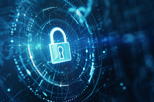 Glowing blue padlock hologram with circular digital pattern