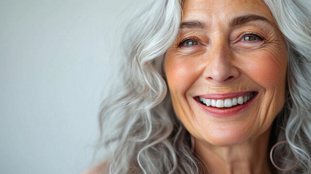 Close-up portrait of an old woman. An elderly lady with a snow-white smile and gray hair. Slow aging concept.