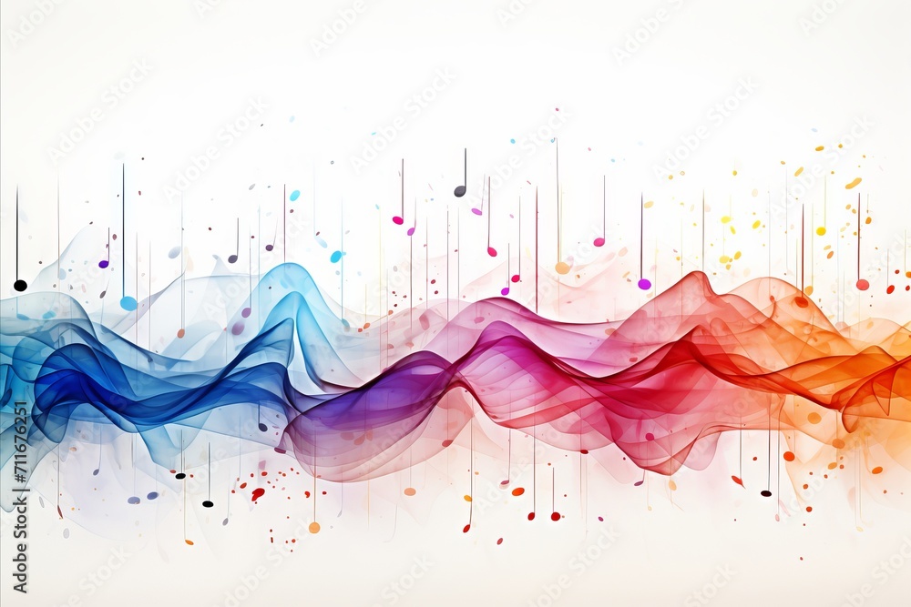 Poster colorful musical abstract background with neural network generated flying notes on white backdrop