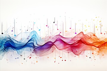 Colorful musical abstract background with neural network generated flying notes on white backdrop - obrazy, fototapety, plakaty