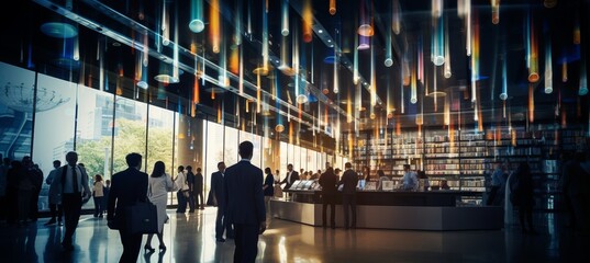 Collaborative diverse professionals in modern office with blurred bokeh background of financial data